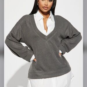 Fashion Nova Gray V-Neck Sweater Oversized Cozy Knit